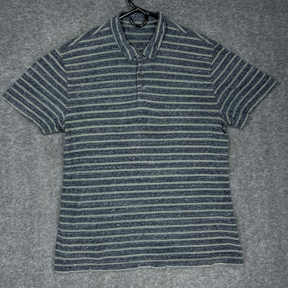 James Perse Standard Polo Shirt Mens M Green Gray Striped Cotton Made in USA